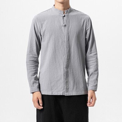 

Toponeto Mens plain cotton&linen shirt with long sleeves&a stand-up collar Blous