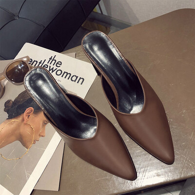 

Pointed high heel Baotou semi-slippers wood grain thick-heeled Muller shoes special-shaped middle heel sandals female European and