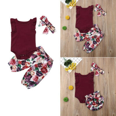 

US Newborn Baby Girl Infant 3pcs Clothes Romper Tops Floral Pants Outfits Set