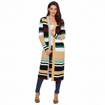

Multicolor Stripe Color Long Sleeve Sweater Cardigan Long Loose Knit Sweater