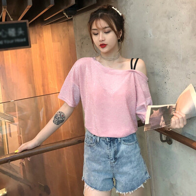 

Womens Round Neck Solid Off Shoulder Sexy Straps Casual Short Sleeve Pullover T-Shirt