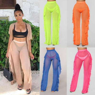 

Womens Beach Mesh Sheer Bikini Cover Up Swimwear Transparent Long Pant Trousers