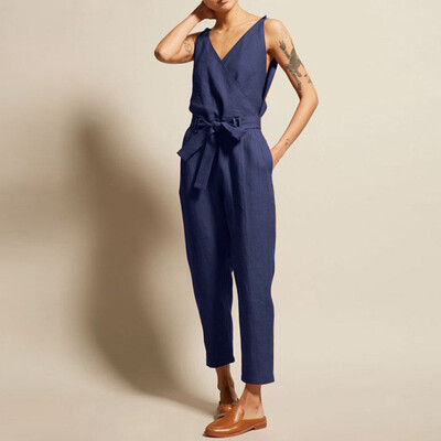 Starmoon Womens Casual Solid Sleeveless V-Neck Belt Slim Plus Size Linen Long Jumpsuit