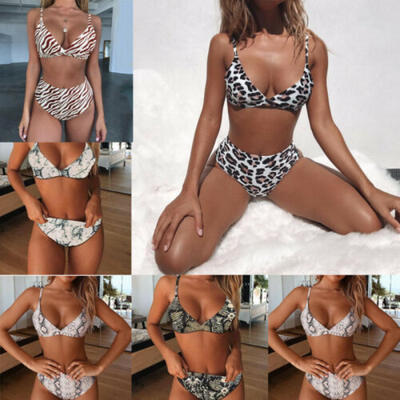 

Women Bikini Set Swimsuit PaddedHight Waist Bra Stripe Swimwear Bathing Suit