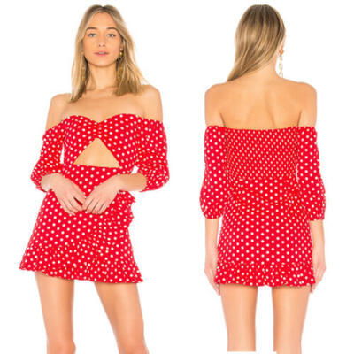 

Fashion Women Casual Off Shoulder Polka Dot Red Ruffles 34 Sleeve Mini Dresses