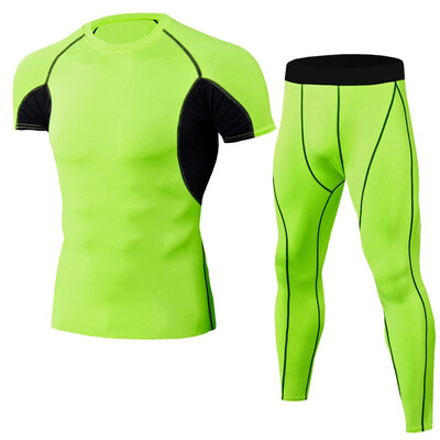 

Toponeto Mens Elastic Fitness T-shirt Fast Drying Tops Long Pants Sports Tight Suit