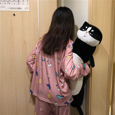 

Women Lovely Sweet Autumn Cute Cartoon Print Long Sleeved Pajama Set Cotton Top Long Pants Sleepwear