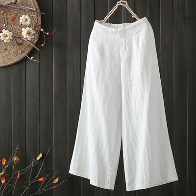 

Women Cotton Linen Casual Wide Leg Elastic Waist Palazzo Culottes Trousers Pants