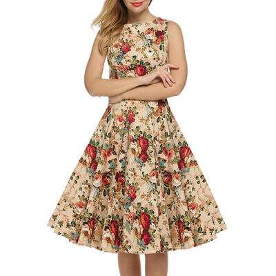 

Retro Hepburn Style Sleeveless Flower Print Dress Women Tunic Swing Dresses