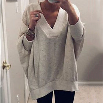 

Women Fashion Loose Sweater V-neck Long sleeve Keep warm Pullover Solid color Sweater