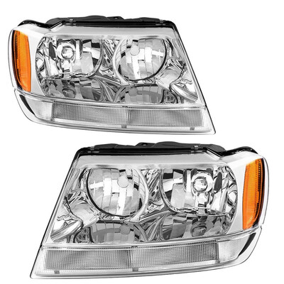 

For 99 00 01 02 03 04 Jeep Grand Cherokee Headlight AssemblyOE Projector HeadlampAmber Reflector Chrome Housing