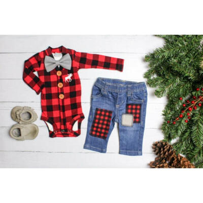 

Infant Baby Boy XMAS Plaid Tops Romper Denim Jeans Pants Leggings Outfit Clothes