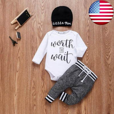 

US Kid Baby Boy Clothes Letter Print Romper Tops Long Pants Hat 3PCS Outfit
