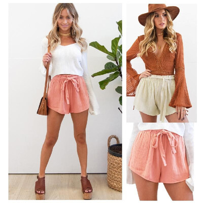 

New Fashion Women Elastic High Waist Shorts Bowknot Sash Shorts Streetwear PinkYellow