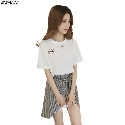 

Womens Round Neck Letter Print Short Sleeve T Shirt Dress Plaid Print Bow Skirt Two-Piece Set