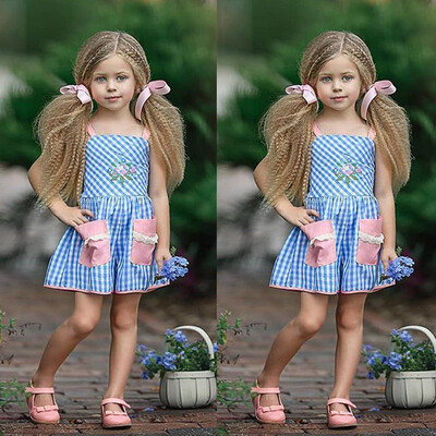 

Toddler Kids Baby Girls Condole Belt Flowers Plaid Princess Bodysuit Clothes