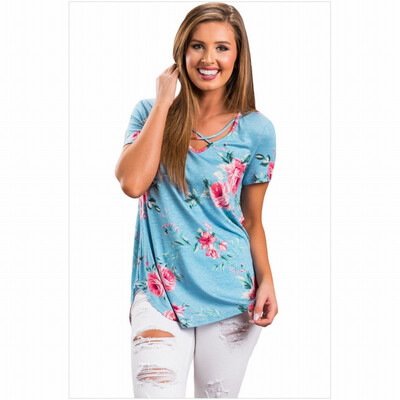 

Round neck short sleeve printed neckline cross casual T-shirt top