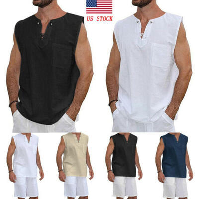 

US Mens Cotton Linen T-shirt Tops Sleeveless Breathable Tee Casual Blouse -2XL