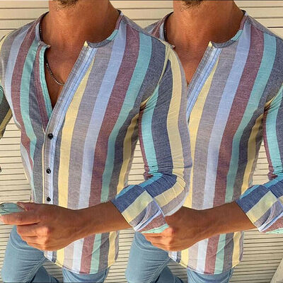 

Fashion Mens Summer Casual Dress Shirt Mens Stripe Long Sleeve Shirts Tops Tee