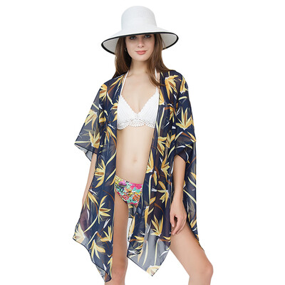 

Collarless Half Sleeve Leaf Print Women Asymmetric Beach Cardigan