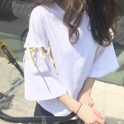 

Casual Women Summer T-shirt 34 Sleeves Tie Rope Solid Color Loose Tops