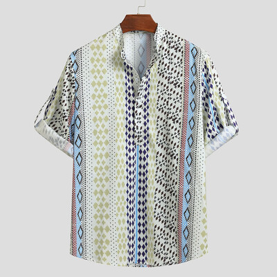 

Toponeto Mens Loose Multi Color Lump Chest Half Sleeve Stand Collar Round Hem Shirts