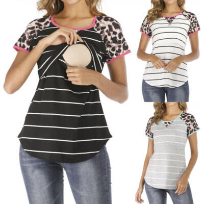 

Women Stripe Maternity Nursing Breastfeeding Short Sleeve Casual Blouse Top