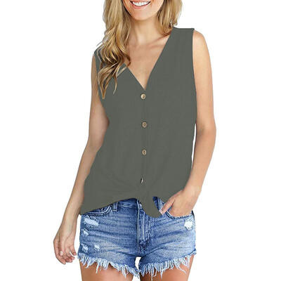 

New Summer Women Knitted Tank Top Tie Knot Front Buttons V neck Sleeveless Casual Tunic Blouse Vest
