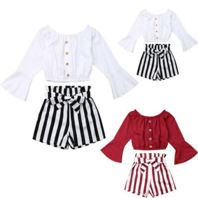 

UK Kids Toddler Baby Girl Long Sleeve T-shirtStriped Short Pants Outfit Dresses