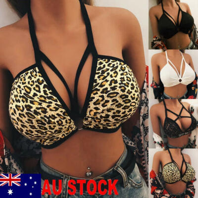 

AU Womens Leopard Bralette Unpadded Lace Push Up Bra Tank Cami Crop Top Lingerie