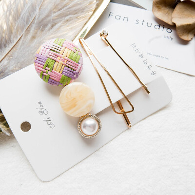 

Temperament Pearl Decoration Hairpins Plaid Pattern Three-piece Women Hair Clips