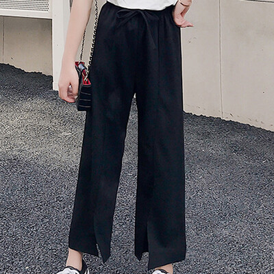 

Tailored Women Casual Solid Color Loose Chiffon High Pant Elastic Waist Ankle-Length Pant