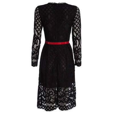 

Elegant Round Collar Long Sleeve Lace A-Line Women Midi Dress