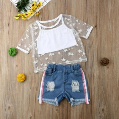 

Toddler Kids Baby Girl Tulle Vest Tops T-Shirt Denim Shorts Outfits Sunsuit