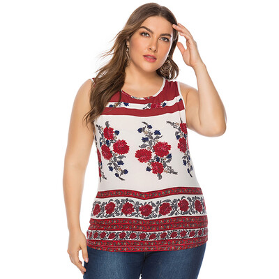 

Nomeni Womens Plus Size Casual O-neck Sleeveless Print Stitching Loose T-shirt