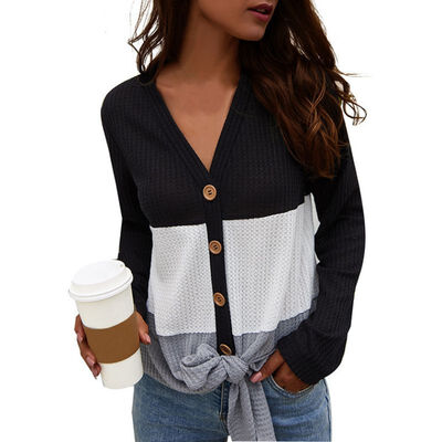

Women Autumn Stylish Sexy Deep-V Collar Blouse Color-blocked Long Sleeve Casual All-match Knit Striped Tops