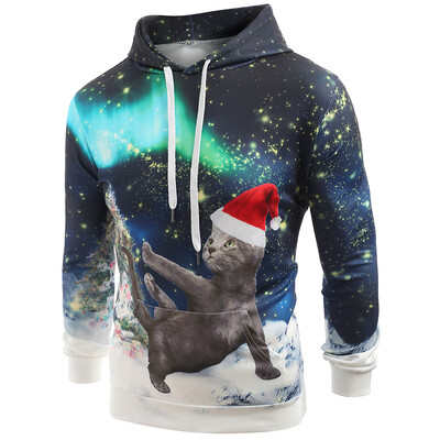 

Looking Up Cat with Christmas Hat Print Casual Hoodie