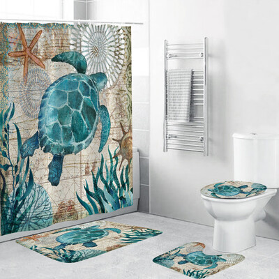 

Gobestart 4PCS Sea Style Non Slip Toilet Polyester Cover Mat Set Bathroom Shower Curtain