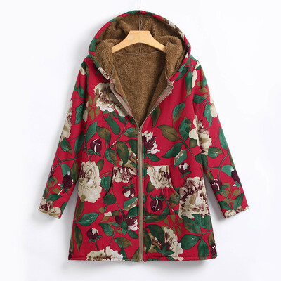 

Women Floral Print Hooded Warm Hoodies Coat Casual Autumn Winter Thicken Jackets