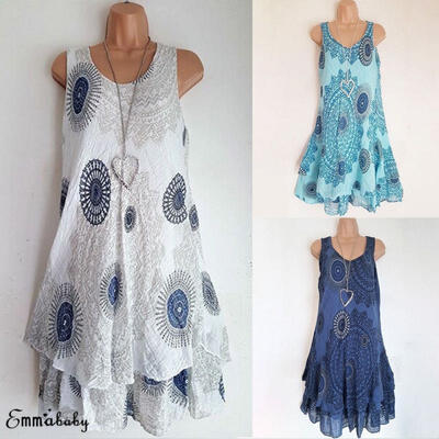 

3XL Women Lady Summer Loose Boho Casual Dress Floral Sleeveless Mini Dresses