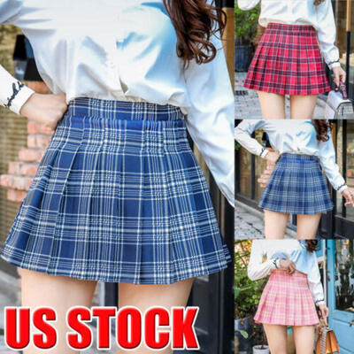 

Women Plaid High Waist Tennis Skirt Flared Pleated Short Skirt School Girl Dress