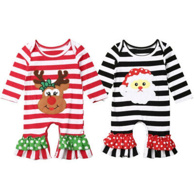 

US Baby Girl Long Sleeve Stripe Romper Jumpsuit Outfit Set Xmas SantaDeer 0-18M