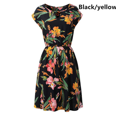 

Cotton printed round neck short sleeve elastic waist casual dress