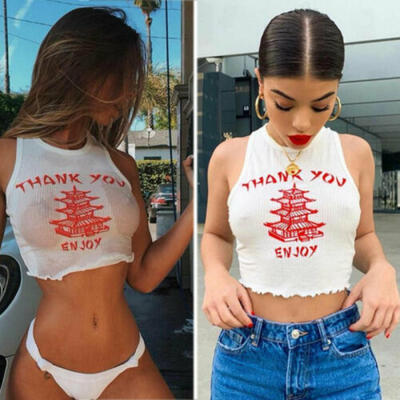 

US Sexy Women Sunsuit Tank Vest Blouse Sport Sleeveless Letter Crop Tops Shirt