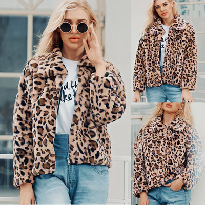 

Toponeto Womens Ladies Warm Faux Fur Coat Jacket Leopard Turn Down Collar Outerwear