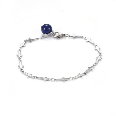 

304 Stainless Steel Cross Link Anklets with Natural Lapis Lazuli Pendants&Lobster Claw Clasps 8-38"212cm