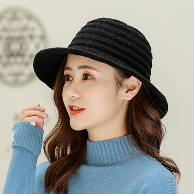 

New fashion wool knitting wool hat in autumn&winter 2019 womens solid color outdoor warm wide strip basin hat fishermans hat