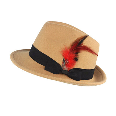 

6 Colors Men Hard Felt Feather Trilby Jazz Hat Woolen Pork Pie Hat