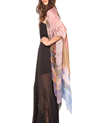 

New Women Chiffon Loose Cardigan Gradient Front Floral Print 34 Sleeves Beach Thin Casual Outerwear Pink