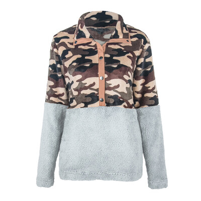 

Women Winter Warm Leopard Splice Zipper Pocket Fluffy Coat Jacket Tops Outwear